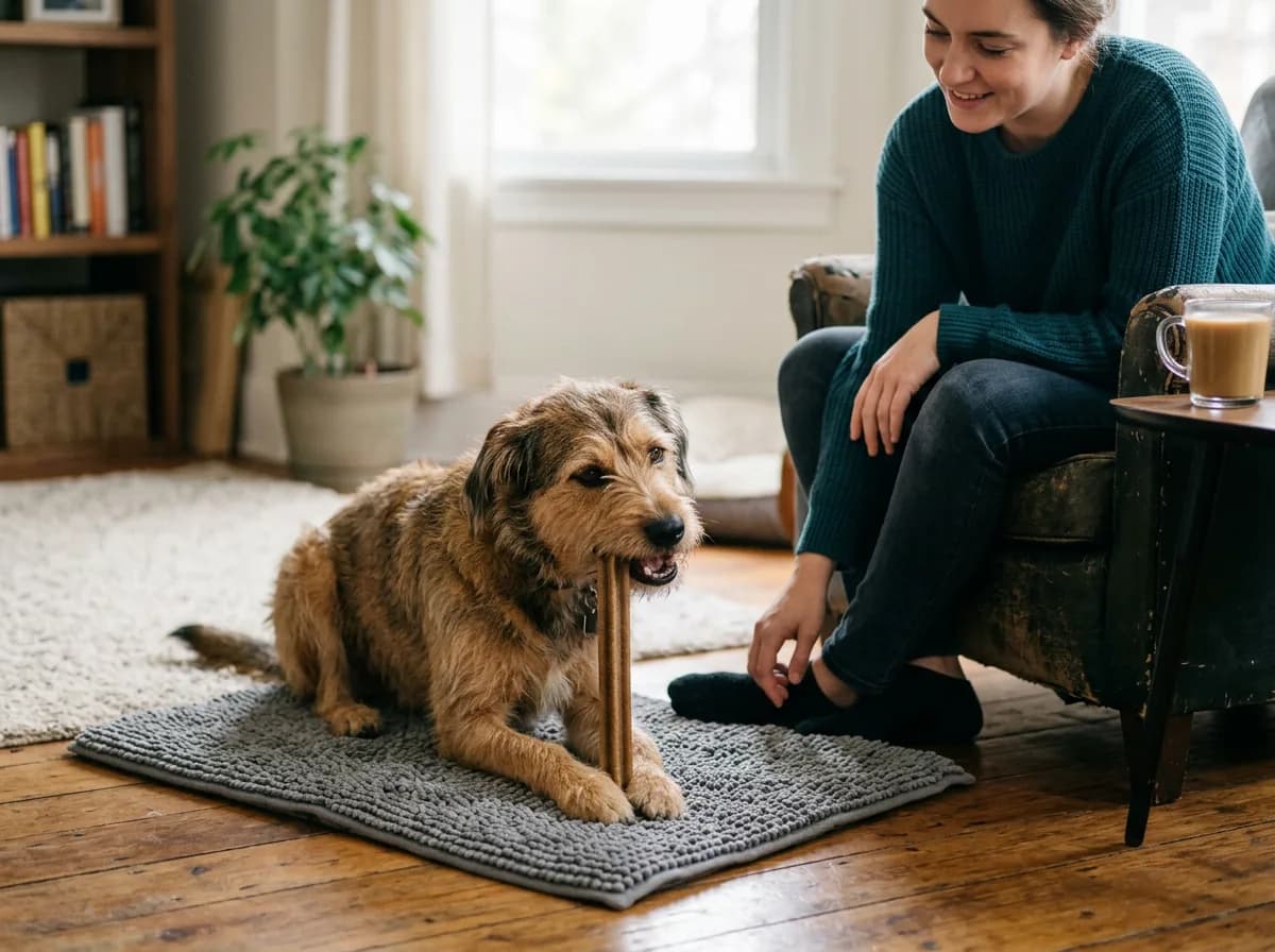 A dog chewing a dental chew while supervised on a washable mat.
