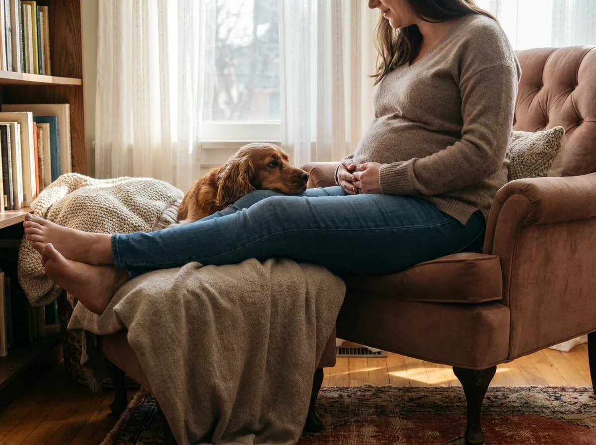 Spaniel resting its chin beside a pregnant person seated in an armchair