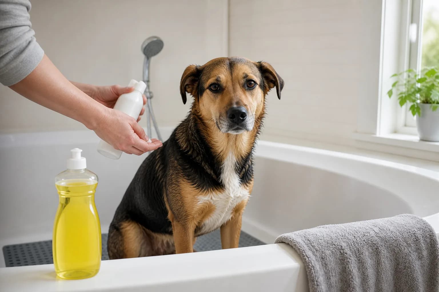 A dog in a bathtub beside separate bottles of dish liquid and pet shampoo while an owner prepares the pet shampoo