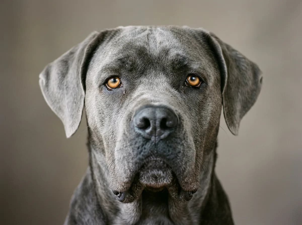 Close-up head study of a gray (blue) Cane Corso with natural drop ears and amber eyes, showing the broad rectangular skull and boxy muzzle, soft studi