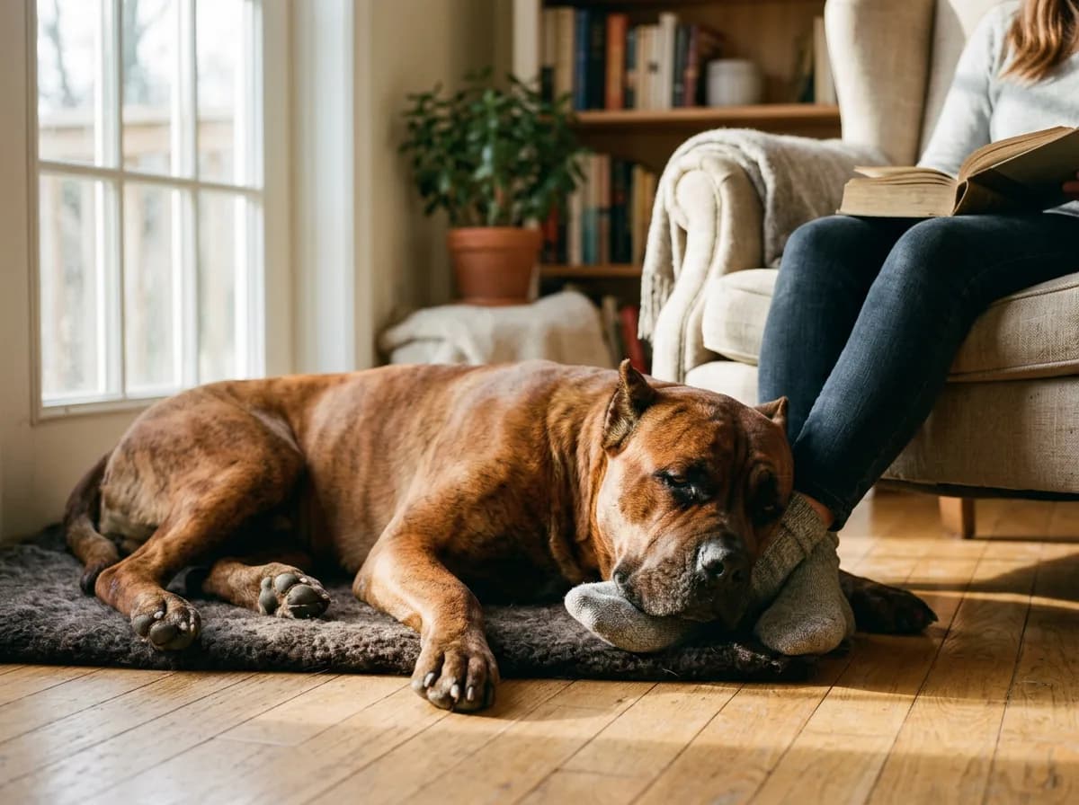 A large red Cane Corso lying calmly on a living-room floor beside its owner's feet, relaxed domestic scene, warm natural window light, showing the bre