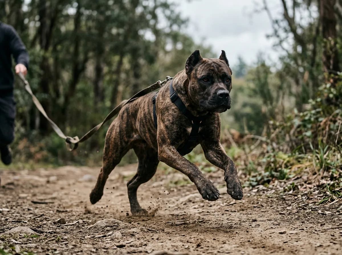 An adult brindle Cane Corso mid-stride during an outdoor training session on a dirt trail, muscles engaged, focused expression, overcast diffused dayl