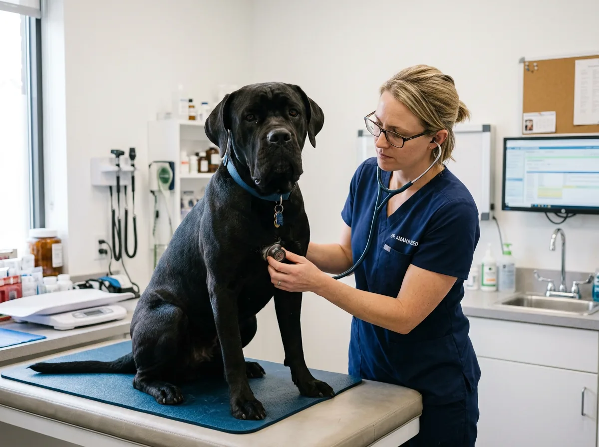 A Cane Corso being examined by a veterinarian using a stethoscope in a clinic exam room, calm dog and attentive vet, clean clinical lighting