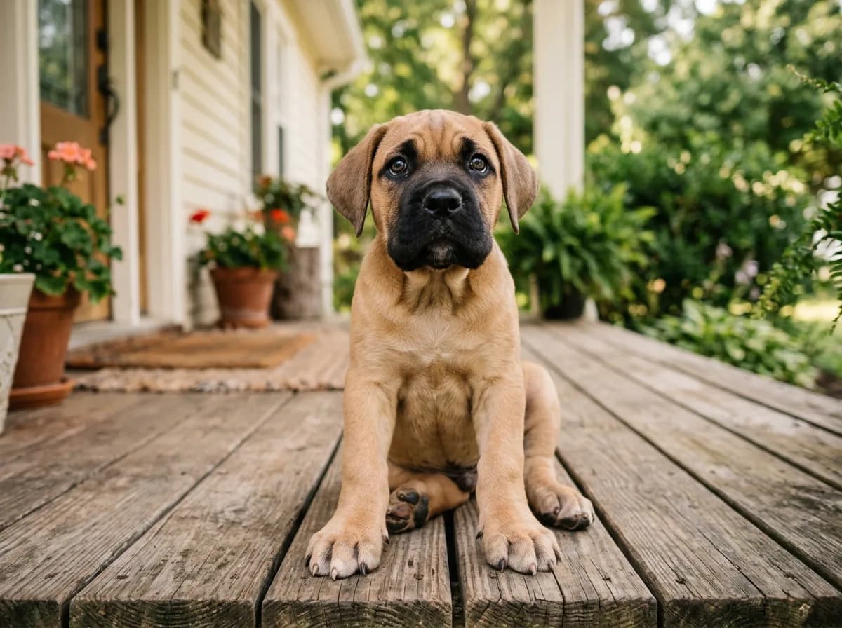A fawn Cane Corso puppy sitting on a wooden porch looking up at the camera, oversized paws and soft features, gentle morning light, cozy domestic sett