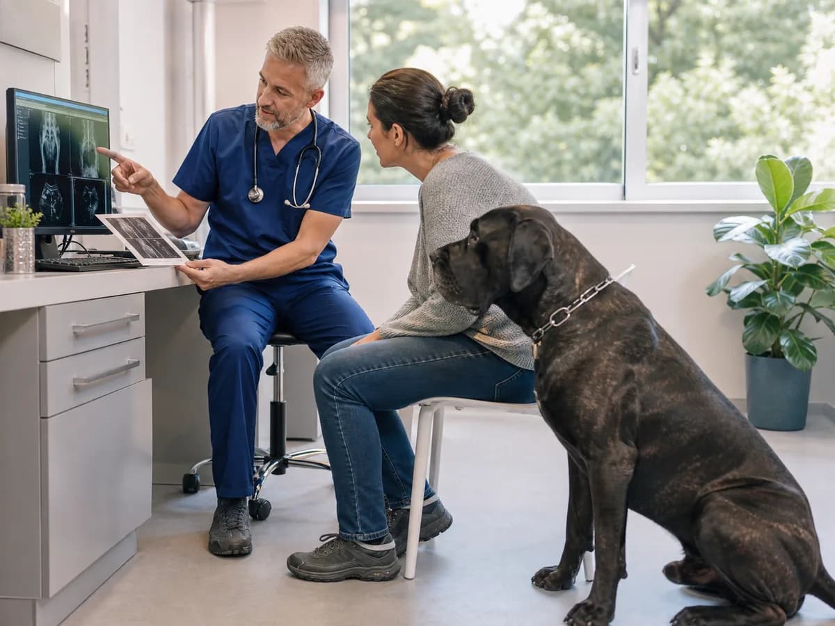 Veterinarian and owner reviewing hip, elbow, eye and heart screening records with private details obscured