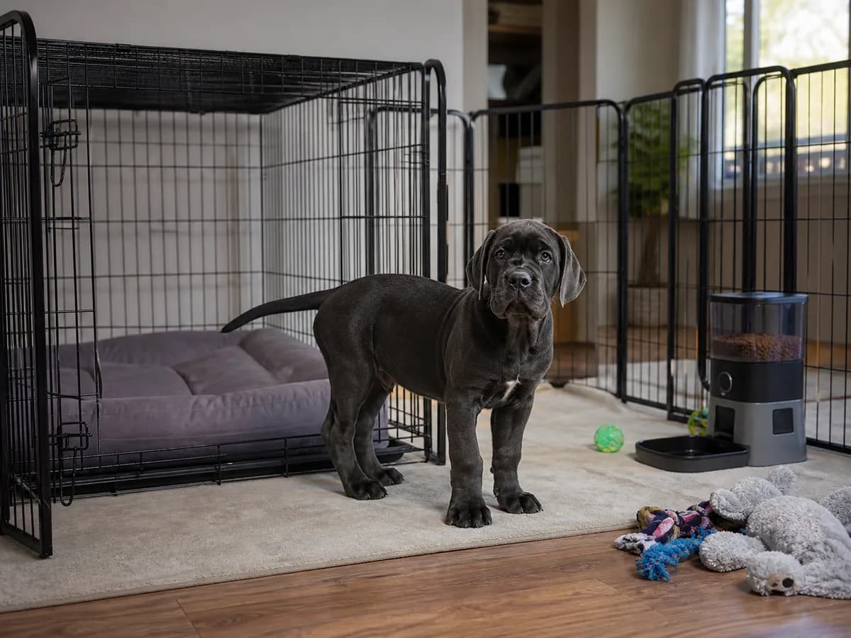 Cane Corso puppy near a realistic crate, playpen, feeder and durable bed setup