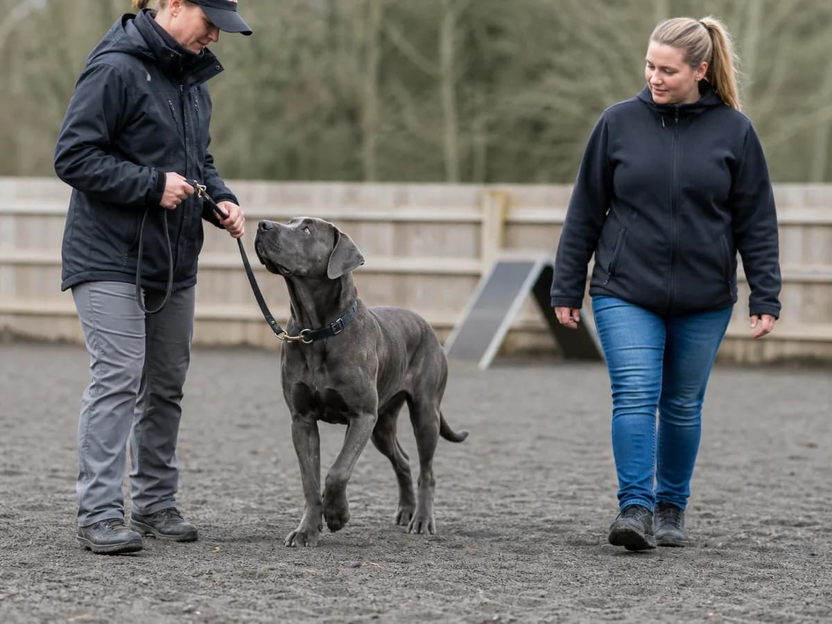 Adolescent Cane Corso working calmly with a qualified trainer and owner