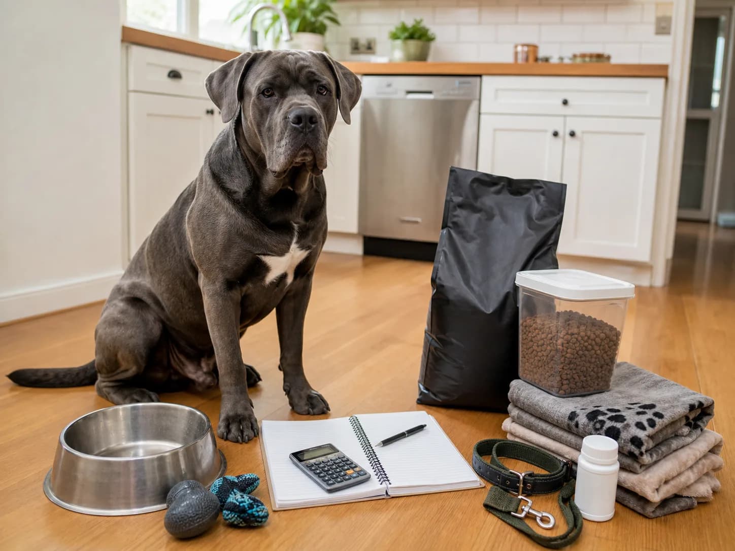 Adult uncropped Cane Corso beside a household budget notebook and large-dog supplies without visible brand logos