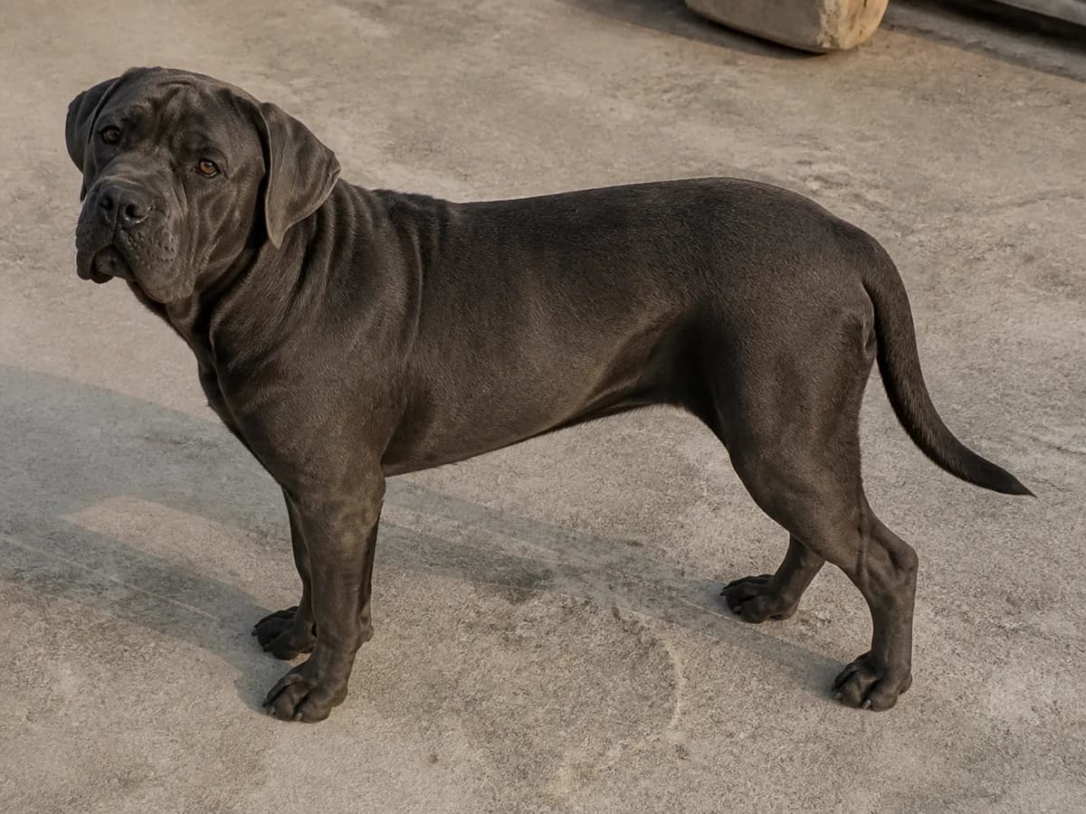 Fit adult Cane Corso viewed naturally from side and above to show waist and rib area