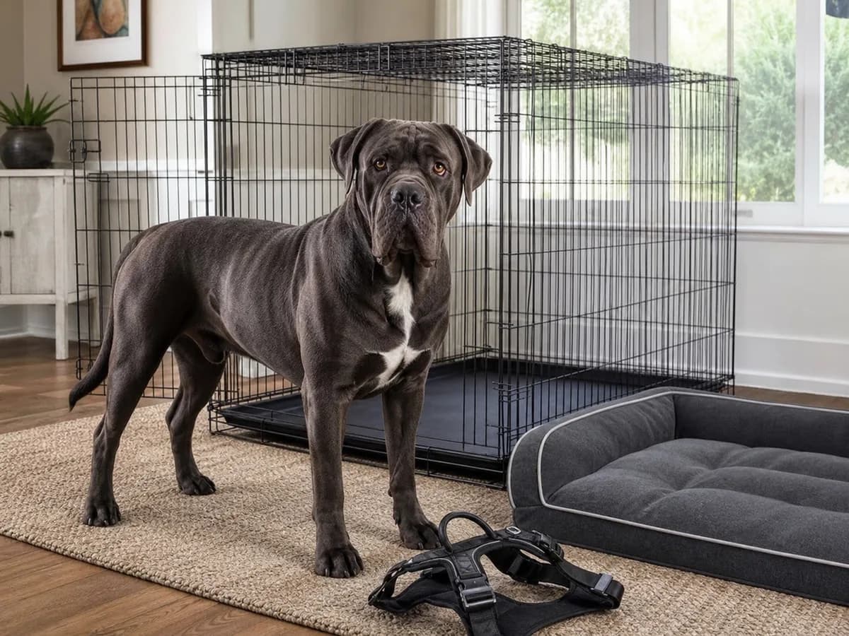 Adult Cane Corso beside an appropriately sized crate, jumbo bed and harness