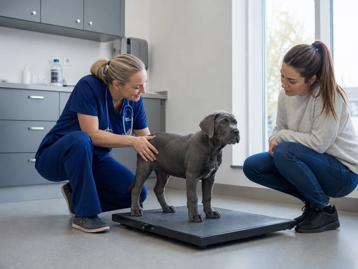 Cane Corso puppy at a routine weigh-in on a veterinary scale