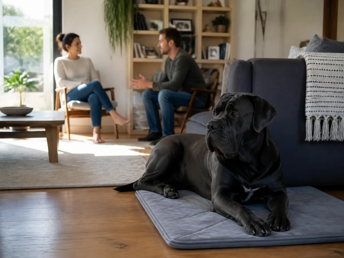 Cane Corso settled on a mat while adult family members converse nearby, no child contact staged