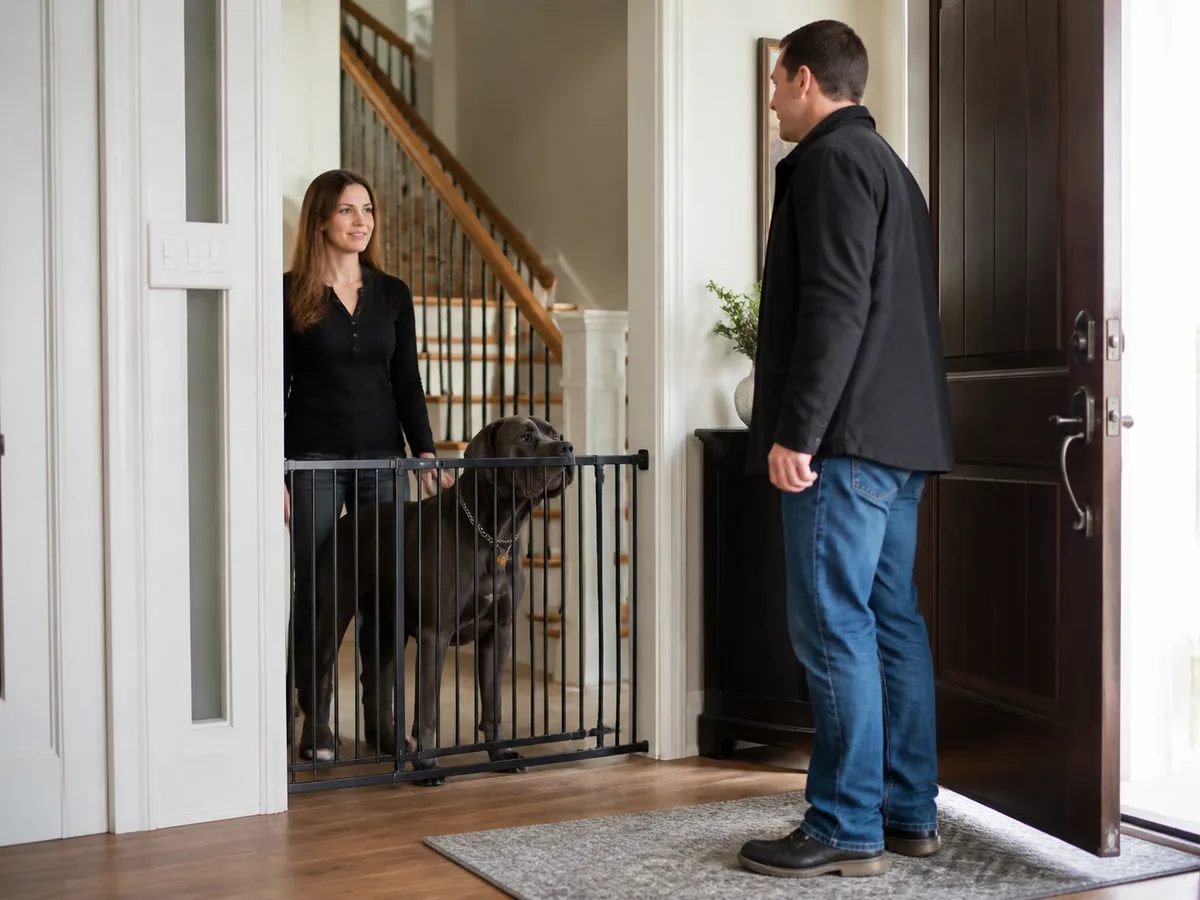 Secure home entry setup with Cane Corso behind a gate while a visitor arrives