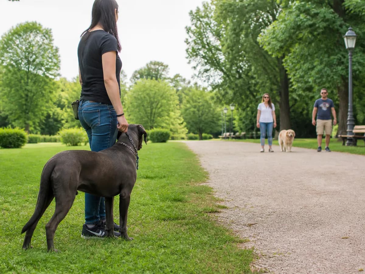Adolescent Cane Corso calmly observing people and dogs from a safe distance