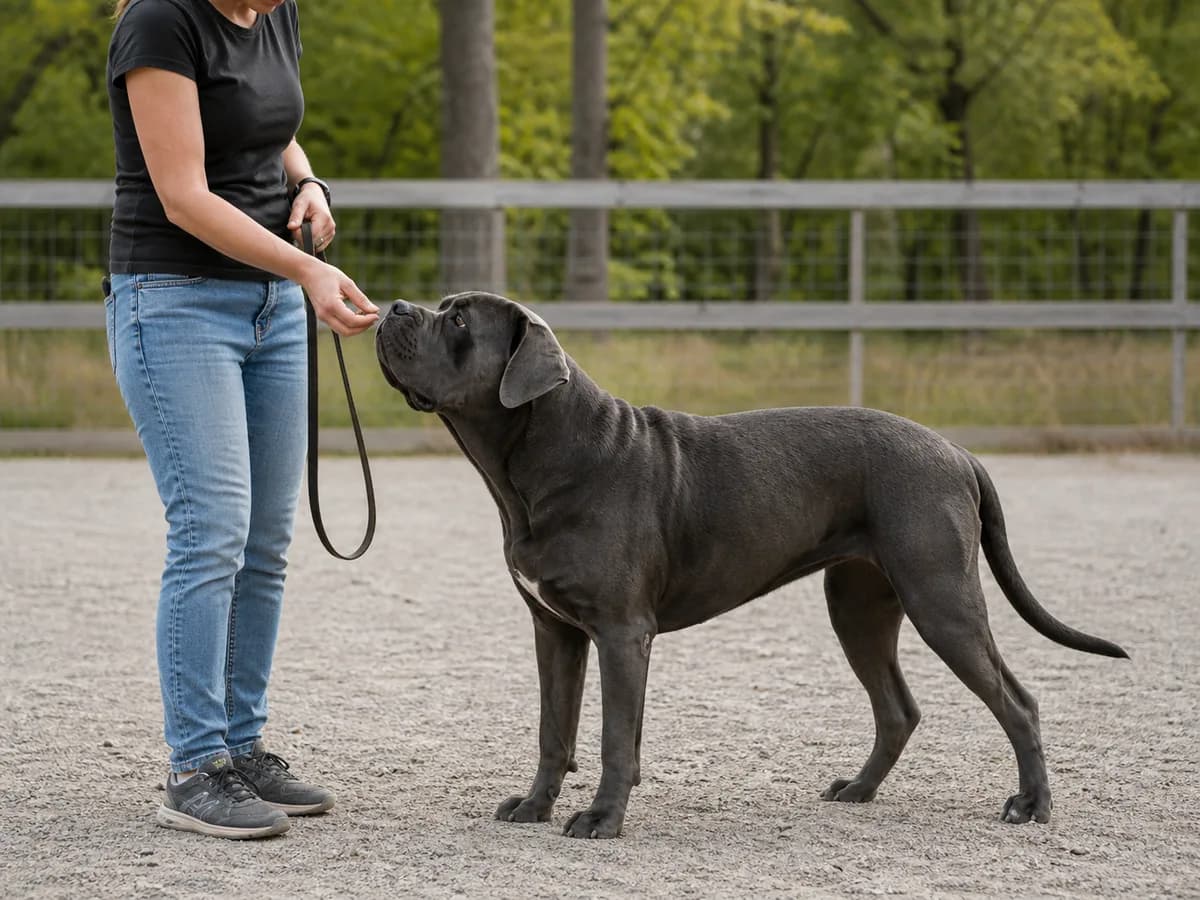 Cane Corso responding to a reward-based loose-leash exercise with an adult handler