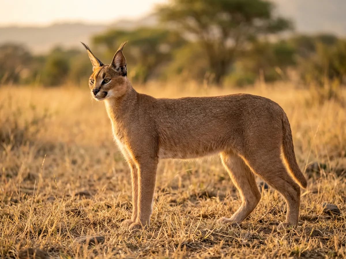 A caracat standing in full profile on dry grass, showing its long legs, tawny ticked coat, and large black-tufted ears.