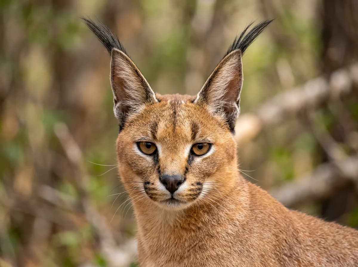 A close-up portrait of a caracat's head showing its amber eyes and the long black tufts on top of its large ears.