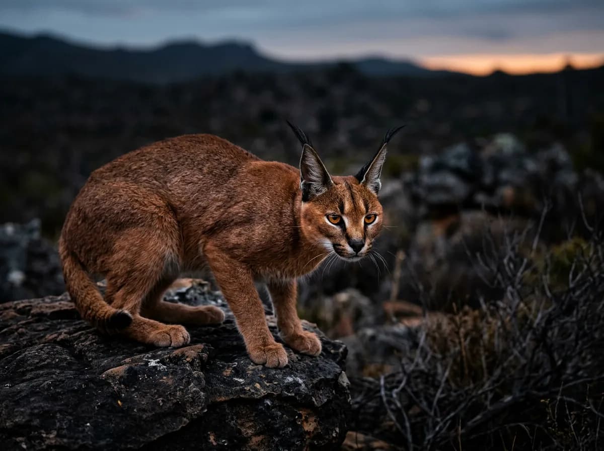 A wild-looking first-generation F1 caracat crouched alert on a rock, closely resembling a small caracal.