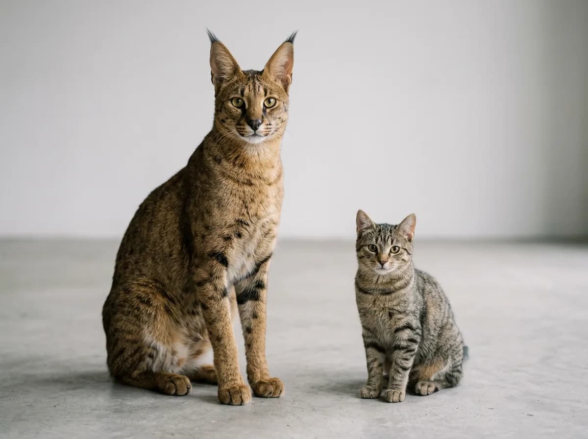 A tall caracat sitting next to a much smaller domestic tabby cat, illustrating the size difference between the two.