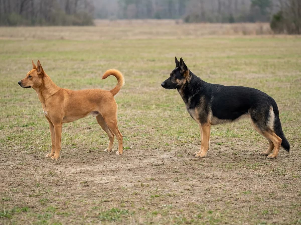 Carolina Dog parent reference at left and black-and-tan German Shepherd parent reference at right, standing in profile in an open field