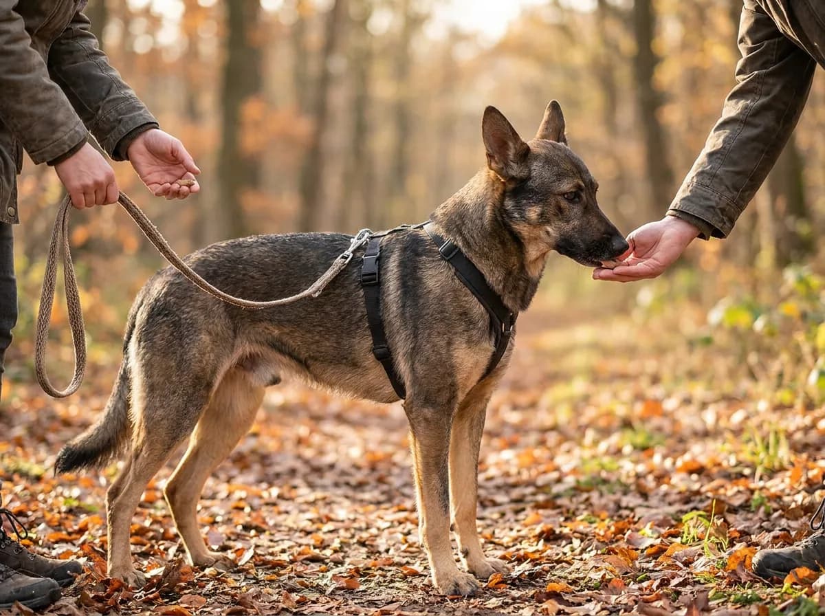 Dark-saddled dog receiving a food reward during leash practice and reward-based training, with a slack leash attached to its harness