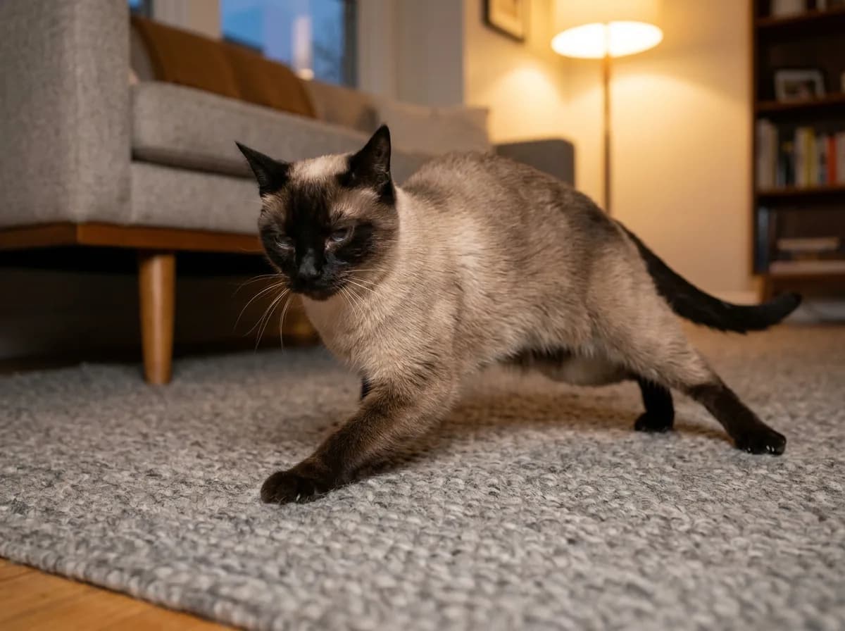 A seal point Siamese cat scooting its rear across a gray wool rug in a living room.