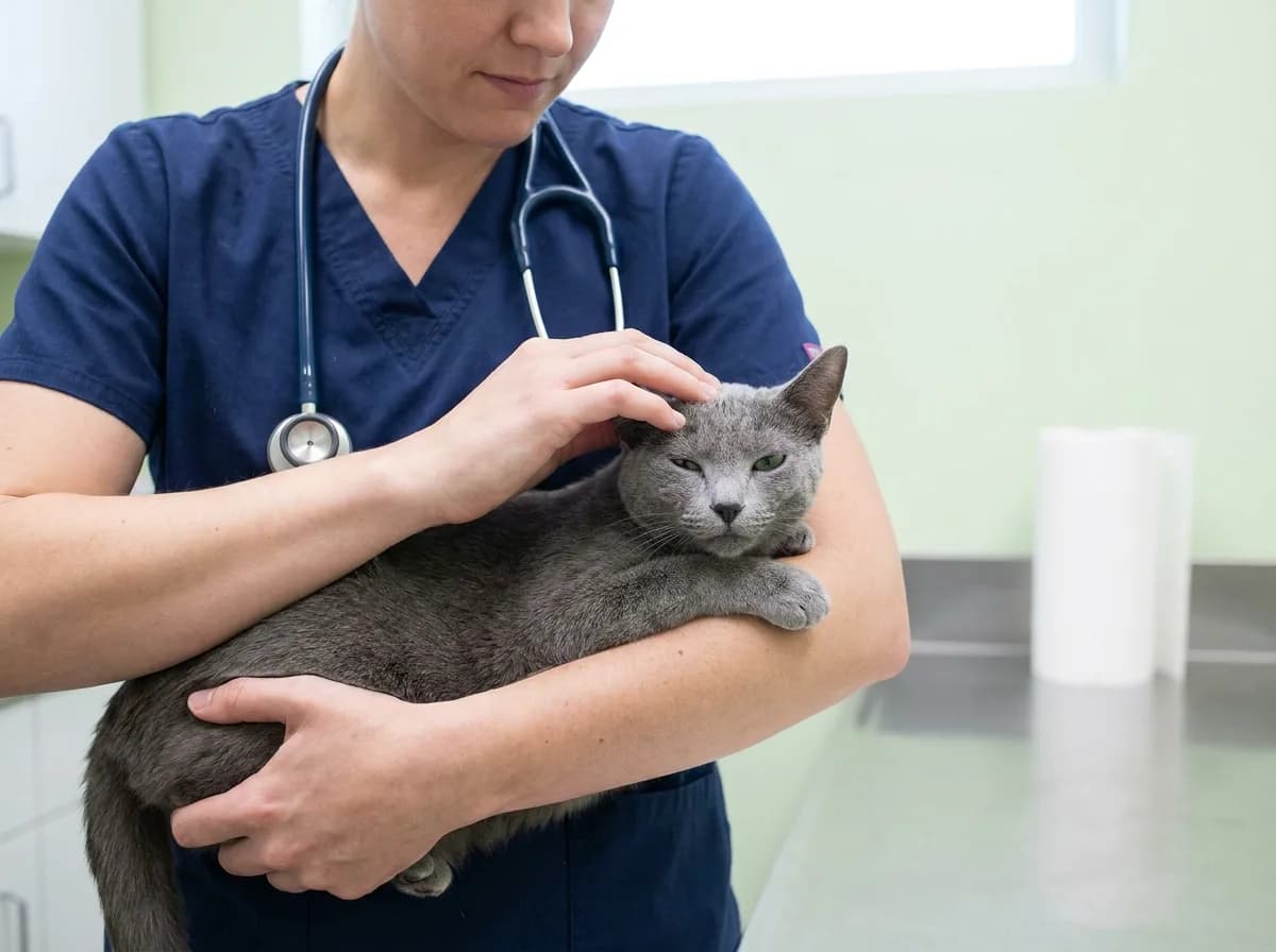 A veterinarian in navy scrubs holding a calm gray cat in a bright clinic exam room.