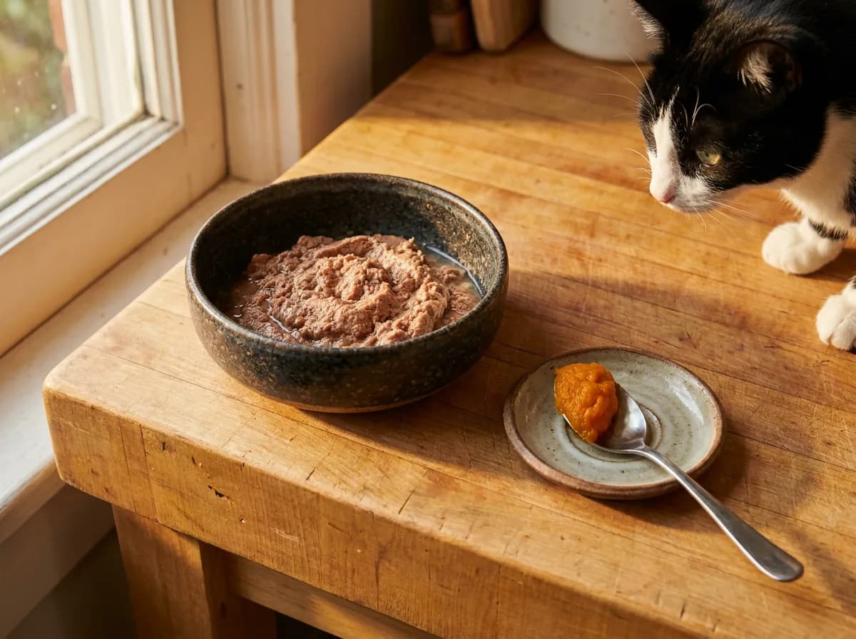 A bowl of wet cat food beside a teaspoon of plain pumpkin on a saucer with a black and white cat looking on.