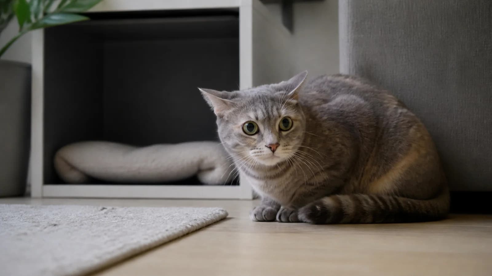 Cat in a lowered posture with ears turned sideways and enlarged pupils in a softly lit room