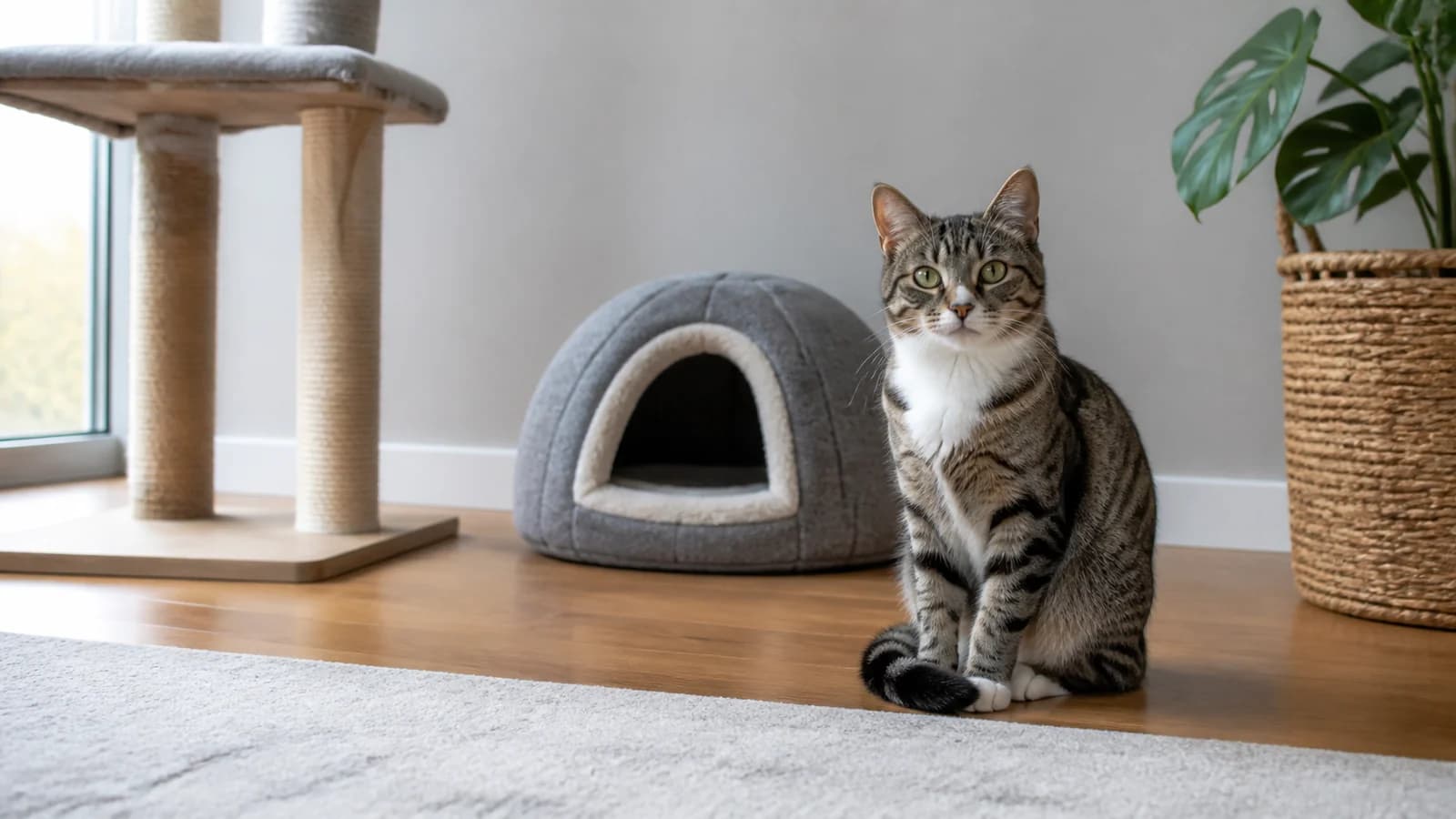Alert cat resting in a quiet room beside an open covered hiding place