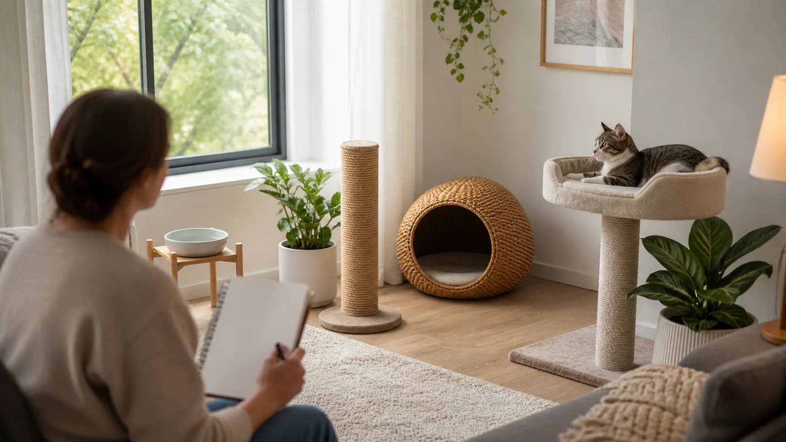 Relaxed cat on an elevated perch while a caregiver records progress in a blank seven-day log