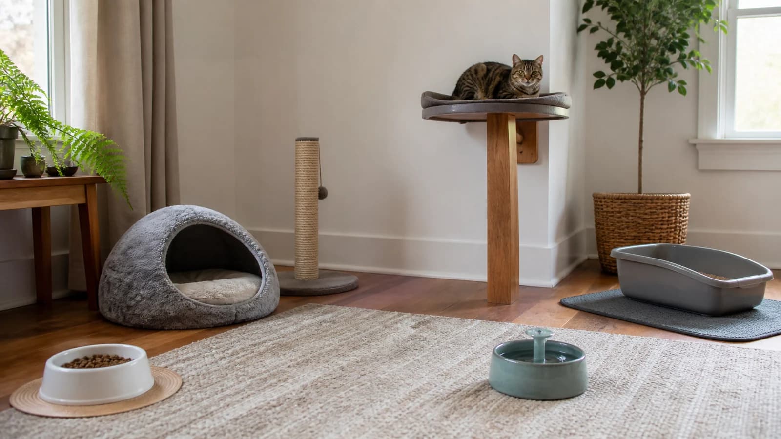 Calm cat in a home with food, water, scratching, resting, and litter resources placed in separate areas