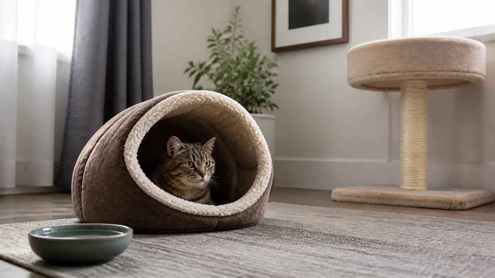 Cat resting inside a covered hide with water nearby and an elevated perch within easy reach