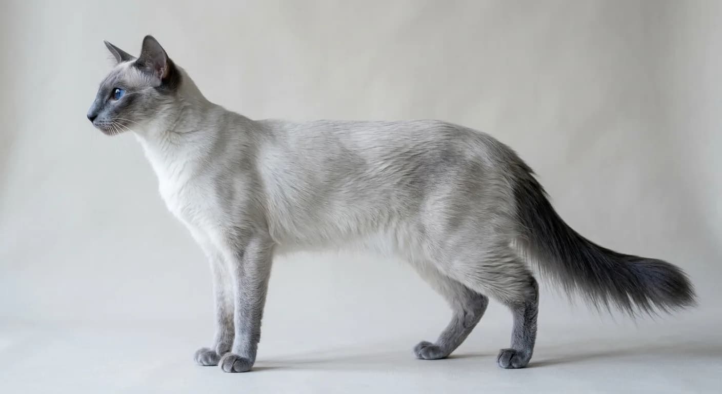 Side-profile view of a blue-point Balinese cat showing the long svelte tubular body, slender legs, and classic wedge-shaped head