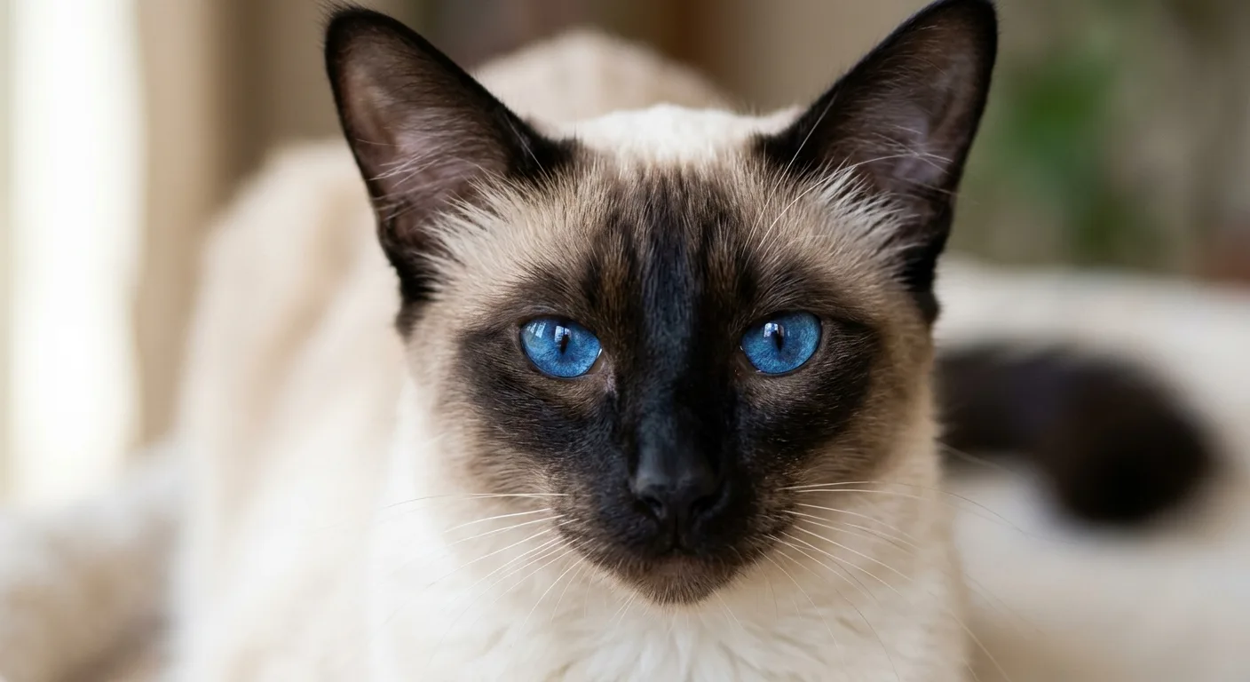 Close-up of a seal-point Balinese cat face showing intense deep sapphire-blue almond eyes and wedge-shaped head