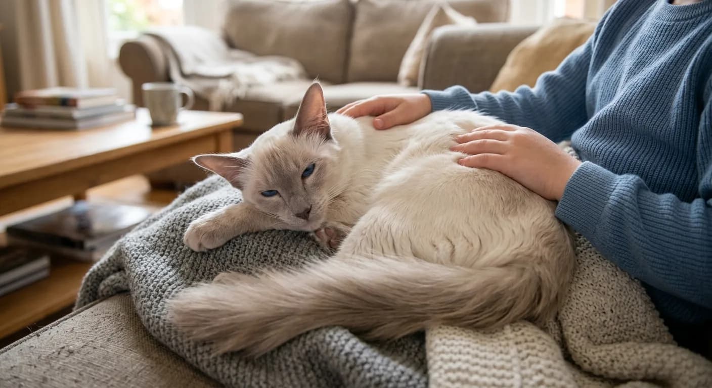A lilac-point Balinese cat curled contentedly on a child's lap while being gently petted, showing the breed's affectionate family-friendly temperament