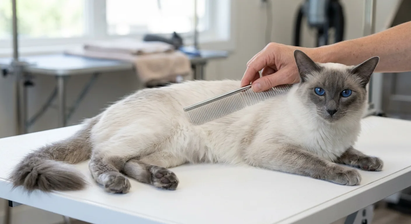 A blue-point Balinese cat being gently combed with a wide-toothed stainless steel comb, its silky single-layer coat shining in natural light