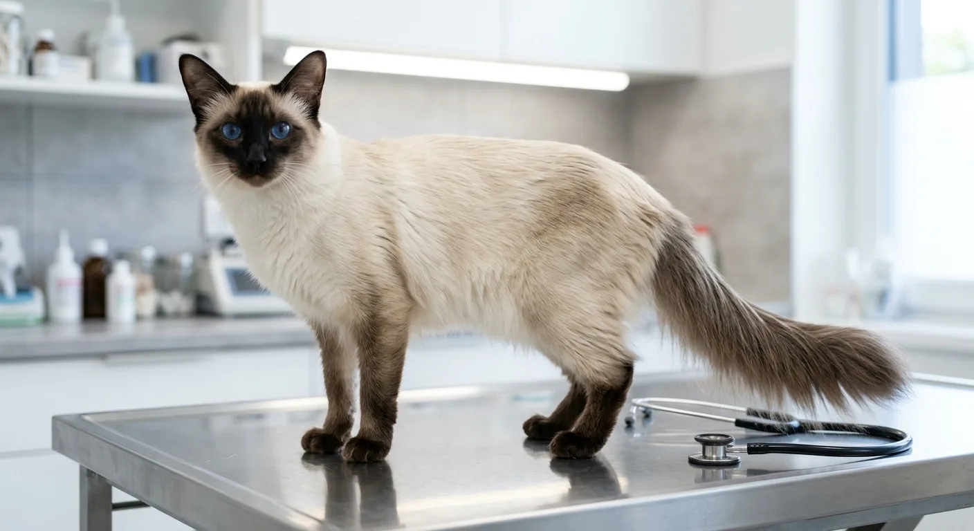 A seal-point Balinese cat with its silky semi-long coat standing alert on a stainless steel vet exam table during a routine wellness checkup, stethoscope nearby