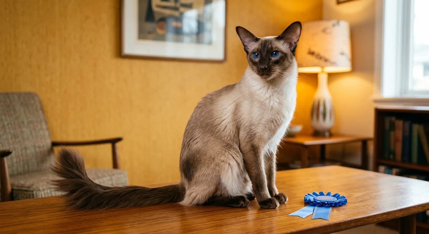A chocolate-point Balinese cat sitting on a polished mid-century wooden table beside a blue rosette ribbon, evoking the breed's 1950s American origins