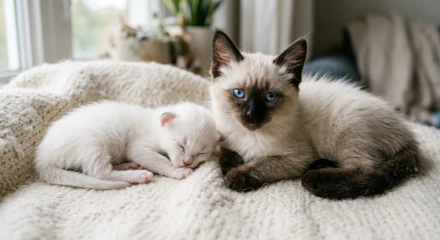 A nearly all-white newborn Balinese kitten beside a 12-week-old sibling with developing seal points, showing the colorpoint pattern emerging over time