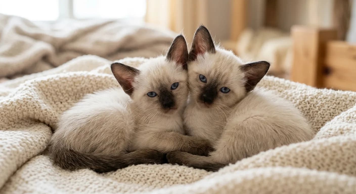 Two Balinese kittens with developing seal points, blue eyes, and wedge-shaped Siamese-family heads cuddled together on cream blankets