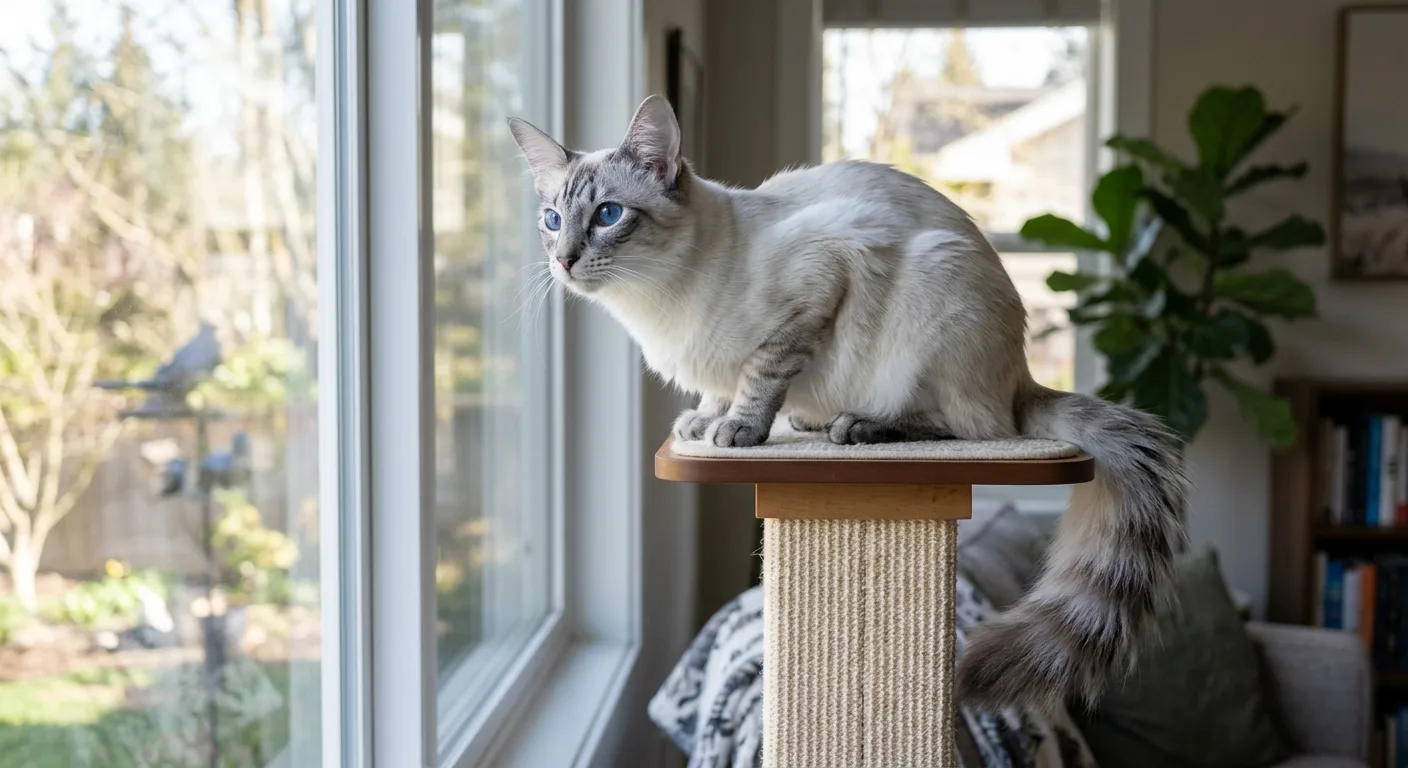 A blue lynx-point Balinese cat perched on a cat tree top platform gazing at birds through a sunny window, with plumed tail hanging gracefully