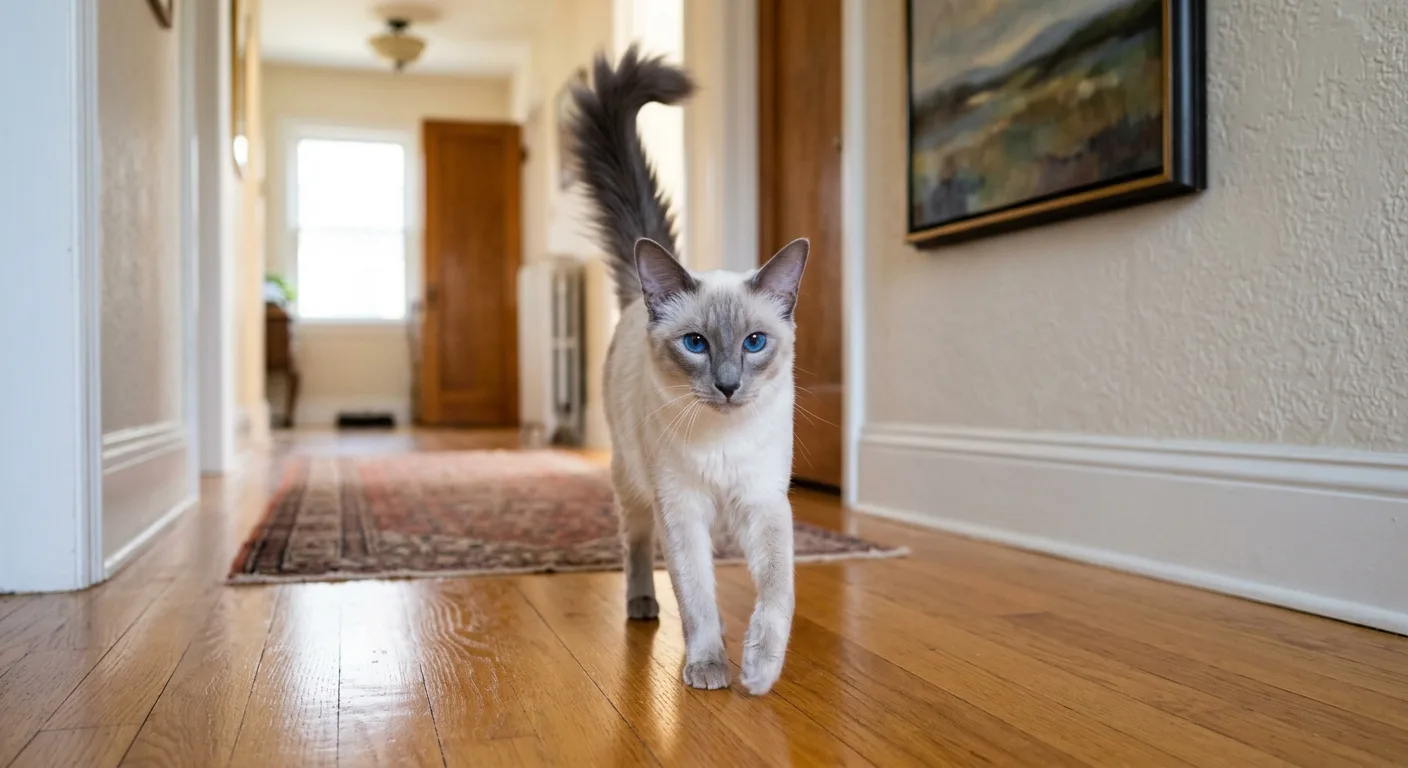 A lilac-point Balinese cat walking purposefully down a bright hallway toward camera with plumed tail held high, showing dog-like following behavior