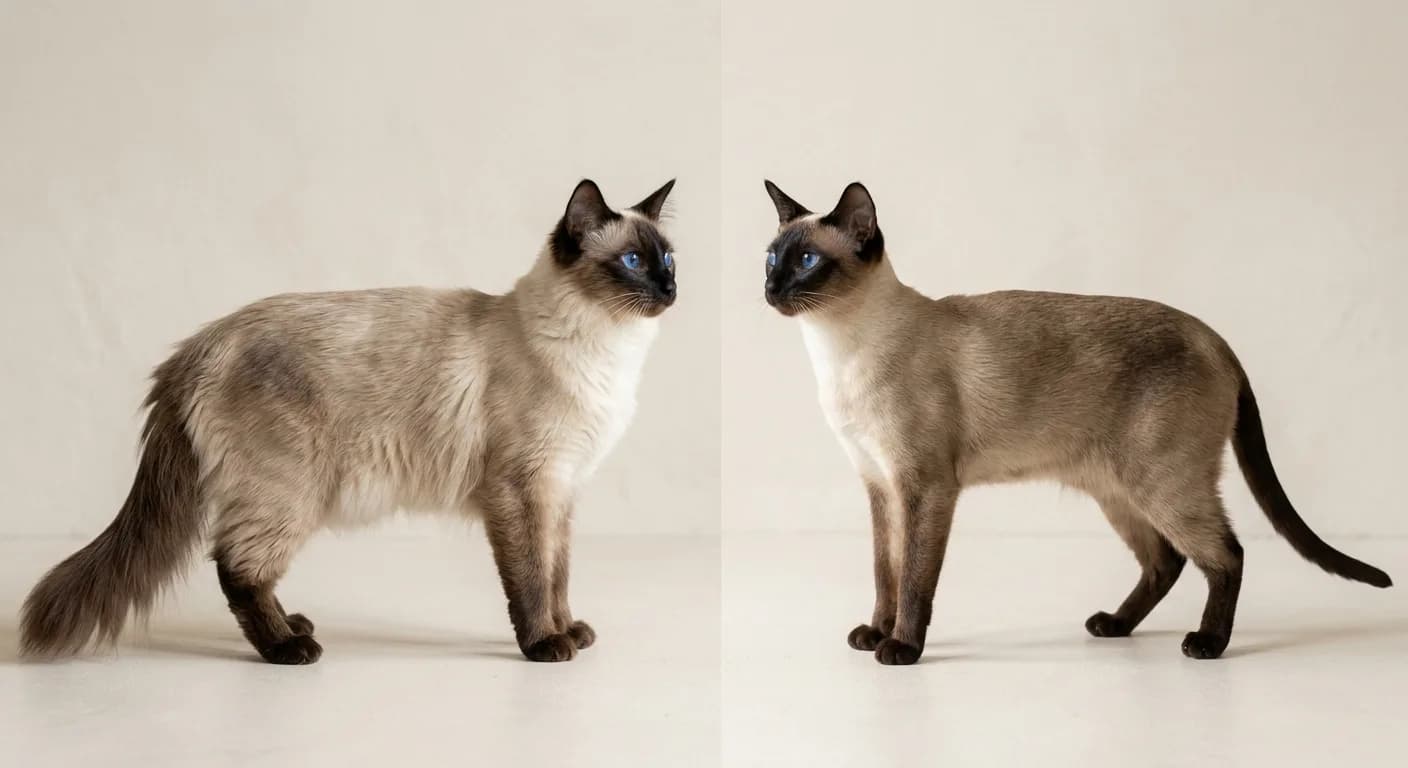 Side-by-side of a seal-point Balinese (left, semi-long silky plumed coat) and a seal-point Siamese (right, short coat), showing the key coat difference