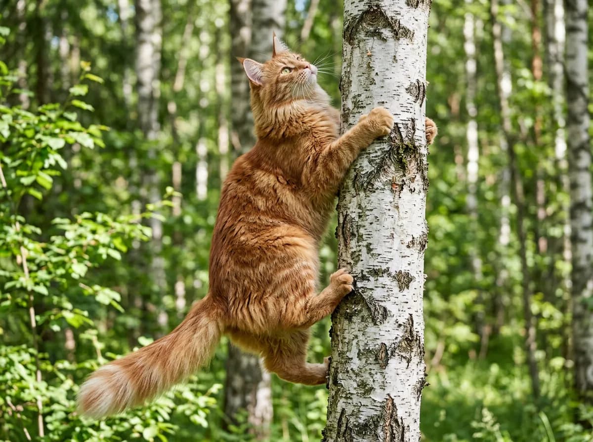 A red tabby Norwegian Forest cat climbing a birch tree trunk outdoors, gripping the bark with tufted paws, showing its strong climbing instinct