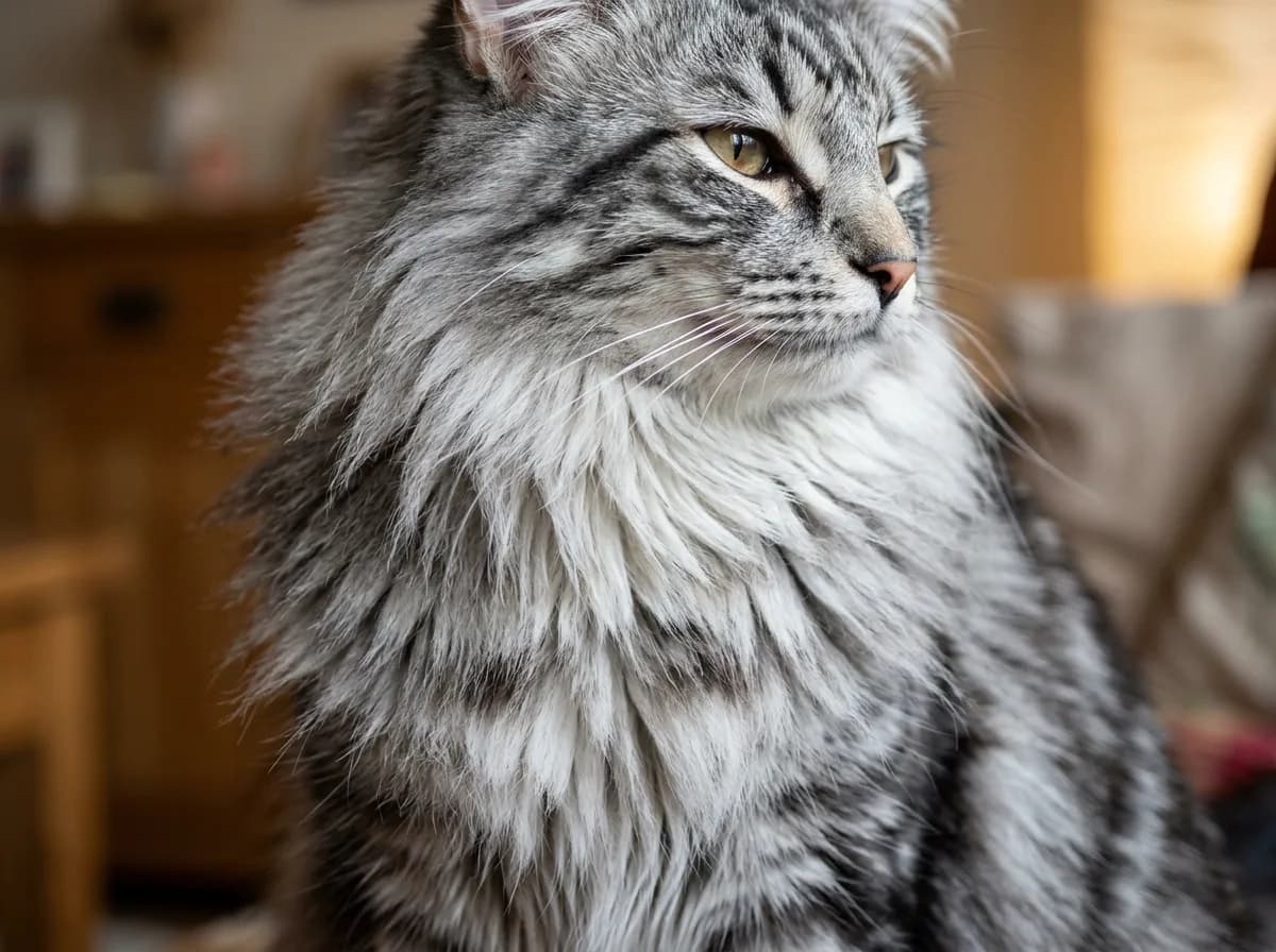 Close-up of a Norwegian Forest cat's thick neck ruff and water-resistant double coat, showing the glossy outer guard hairs over a dense woolly undercoat
