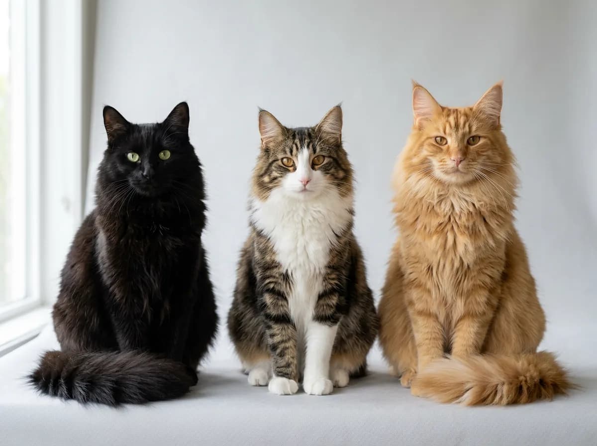 A side-by-side group of Norwegian Forest cats in different colors including black, brown tabby and white, and warm amber, showing the breed's color range