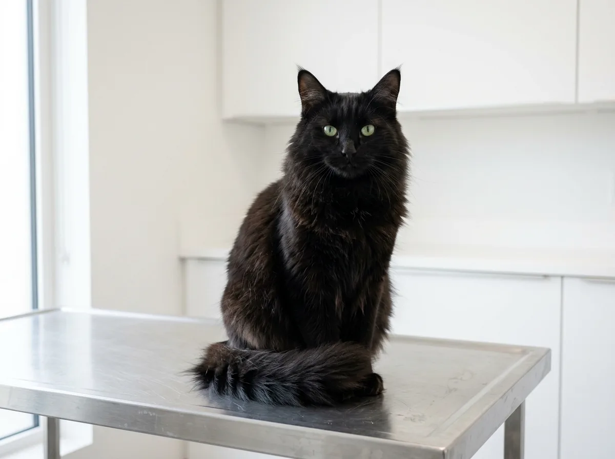 A healthy black Norwegian Forest cat sitting calmly on a stainless steel exam table, illustrating routine health screening for the breed