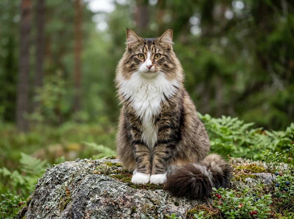 A large brown tabby and white Norwegian Forest cat with a full neck ruff, tufted ears, and a long bushy tail sitting outdoors in soft natural light