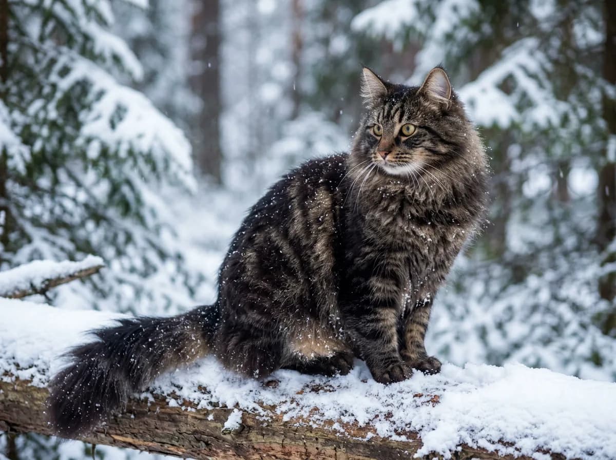 A long-haired Norwegian Forest cat perched on a snowy log in a forest, thick coat dusted with snow, evoking its cold-climate Scandinavian origins